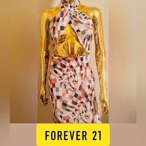 Forever 21 Geometric Woven Halter Tan Multi Dress, Size L, NWT